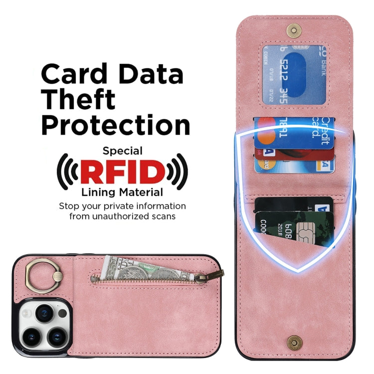 Custodia per telefono con slot per scheda RFID con anello retrò e cerniera, For iPhone 15