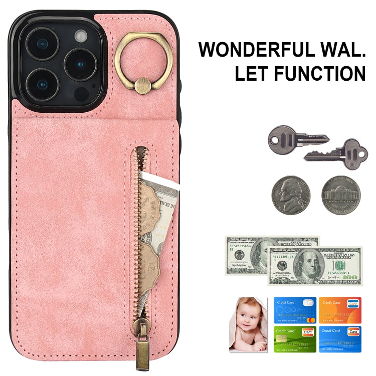Custodia per telefono con slot per scheda RFID con anello retrò e cerniera, For iPhone 16 Pro, For iPhone 16 Plus, For iPhone 16