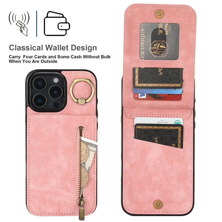 Custodia per telefono con slot per scheda RFID con anello retrò e cerniera, For iPhone 16 Pro, For iPhone 16 Plus, For iPhone 16