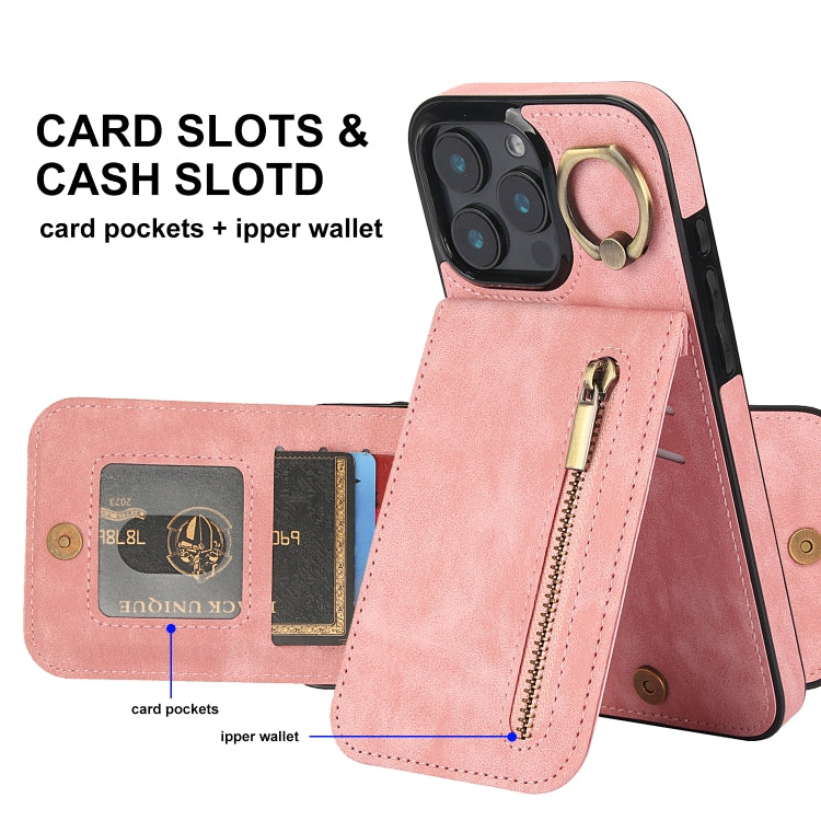 Custodia per telefono con slot per scheda RFID con anello retrò e cerniera, For iPhone 16 Pro, For iPhone 16 Plus, For iPhone 16