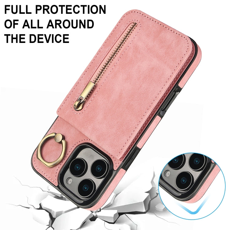 Custodia per telefono con slot per scheda RFID con anello retrò e cerniera, For iPhone 16 Pro, For iPhone 16 Plus, For iPhone 16