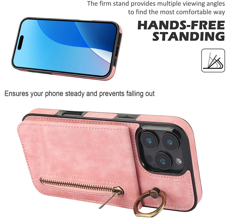 Custodia per telefono con slot per scheda RFID con anello retrò e cerniera, For iPhone 16 Pro, For iPhone 16 Plus, For iPhone 16