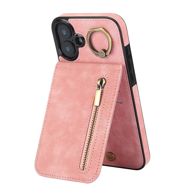 Custodia per telefono con slot per scheda RFID con anello retrò e cerniera, For iPhone 16 Pro, For iPhone 16 Plus, For iPhone 16