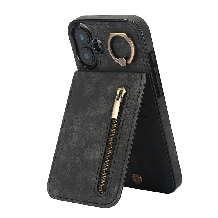 Custodia per telefono con slot per scheda RFID con anello retrò e cerniera, For iPhone 16 Pro, For iPhone 16 Plus, For iPhone 16