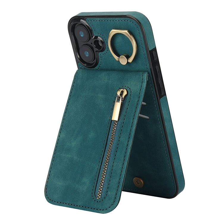 Custodia per telefono con slot per scheda RFID con anello retrò e cerniera, For iPhone 16 Pro, For iPhone 16 Plus, For iPhone 16