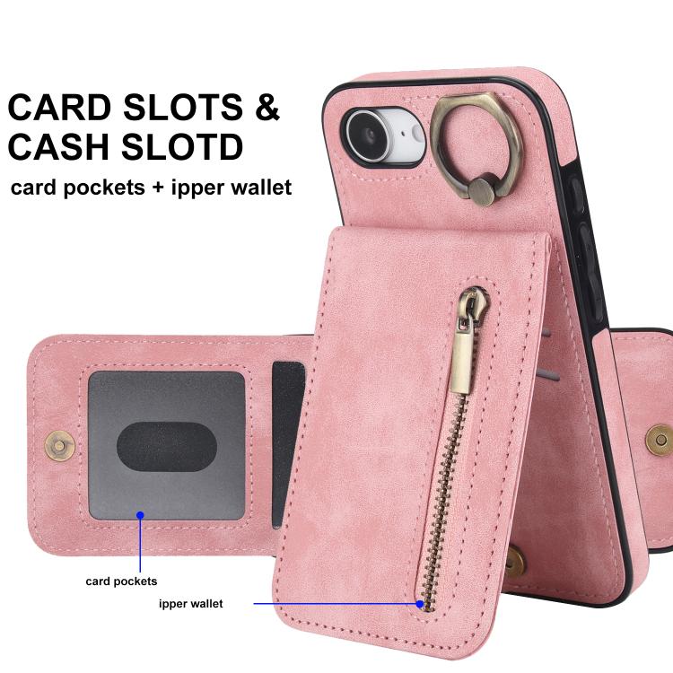 Custodia per telefono con slot per scheda RFID con anello retrò e cerniera, For iPhone 17e / 16e, For iPhone 17 Pro Max, For iPhone 17 Pro