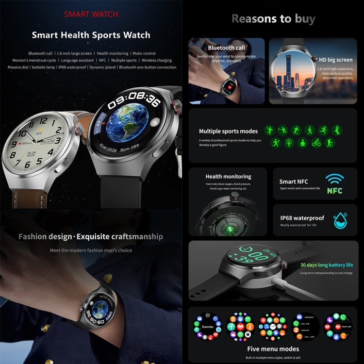 Bracciale intelligente GT4 Orologio intelligente da 1,53 pollici, supporto chiamata Bluetooth / NFC / frequenza cardiaca