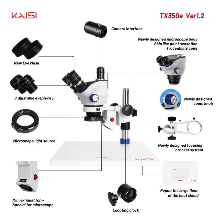 Microscopio stereo con zoom Kaisi TX-350E Ver1.2 7X-50X con base grande, Kaisi TX-350E