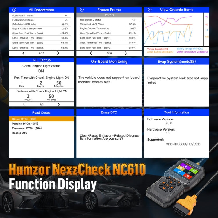 Strumento di scansione diagnostica OBD2 per lettore di codici per auto/camion HUMZOR NexzCheck NC610