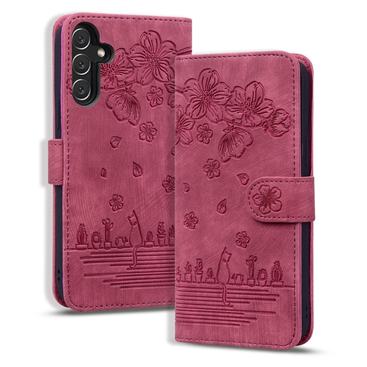 Custodia per telefono in pelle goffrata con gatto Sakura Cartoon, For Samsung Galaxy A05s