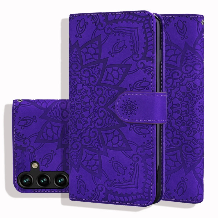 Custodia per telefono doppia piega in pelle di vitello con stampa mandala in rilievo, For Samsung Galaxy A35 5G, For Samsung Galaxy A15