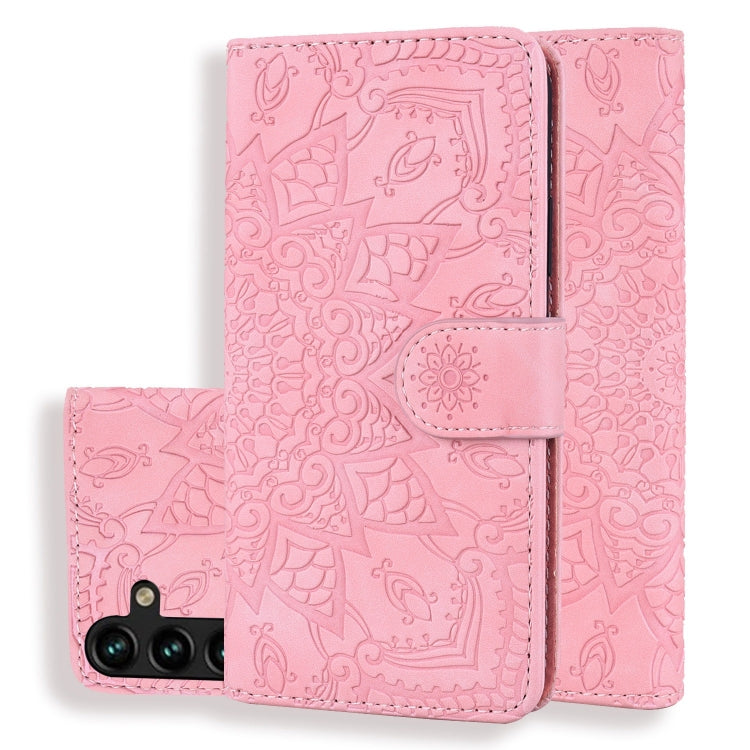 Custodia per telefono doppia piega in pelle di vitello con stampa mandala in rilievo, For Samsung Galaxy A35 5G, For Samsung Galaxy A15