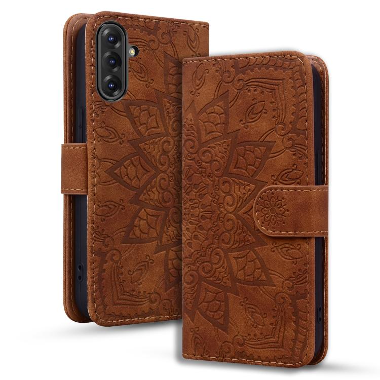 Custodia per telefono doppia piega in pelle di vitello con stampa mandala in rilievo, For Samsung Galaxy A57 5G, For Samsung Galaxy A37 5G, For Samsung Galaxy A36 / A56, For Samsung Galaxy A55 5G