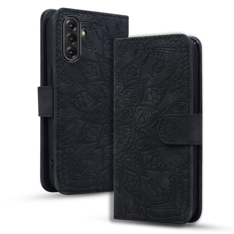 Custodia per telefono doppia piega in pelle di vitello con stampa mandala in rilievo, For Samsung Galaxy A57 5G, For Samsung Galaxy A37 5G, For Samsung Galaxy A36 / A56, For Samsung Galaxy A55 5G