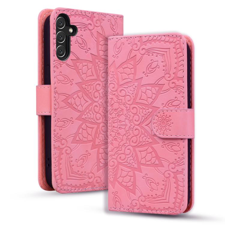 Custodia per telefono doppia piega in pelle di vitello con stampa mandala in rilievo, For Samsung Galaxy A57 5G, For Samsung Galaxy A37 5G, For Samsung Galaxy A36 / A56, For Samsung Galaxy A55 5G