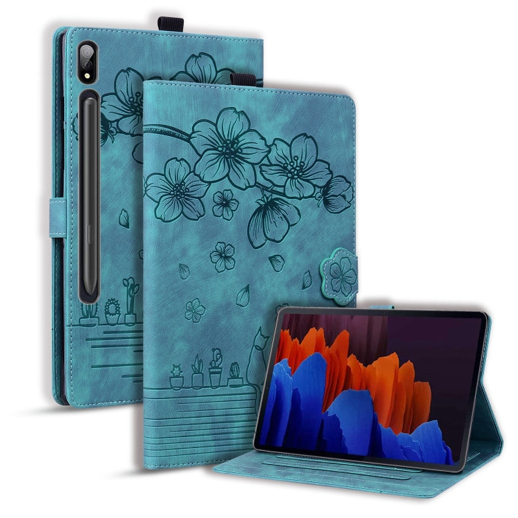 Custodia per tablet in pelle intelligente con gatto Sakura in rilievo, For Samsung Galaxy Tab S11 / S10 / S9, For Samsung Galaxy Tab S10 Lite / S10 FE, For Samsung Galaxy Tab S11, For Samsung Galaxy Tab S9+ /S8+ /S7+