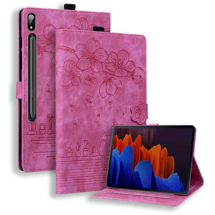 Custodia per tablet in pelle intelligente con gatto Sakura in rilievo, For Samsung Galaxy Tab S11 / S10 / S9, For Samsung Galaxy Tab S10 Lite / S10 FE, For Samsung Galaxy Tab S11, For Samsung Galaxy Tab S9+ /S8+ /S7+