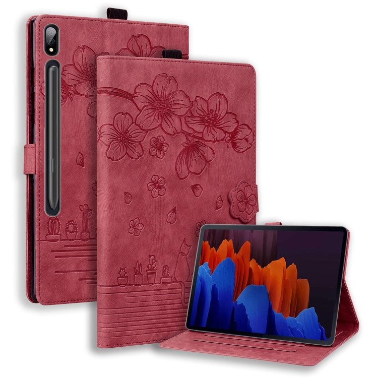 Custodia per tablet in pelle intelligente con gatto Sakura in rilievo, For Samsung Galaxy Tab S11 / S10 / S9, For Samsung Galaxy Tab S10 Lite / S10 FE, For Samsung Galaxy Tab S11, For Samsung Galaxy Tab S9+ /S8+ /S7+