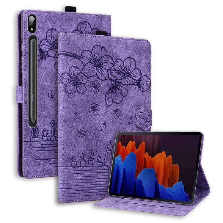 Custodia per tablet in pelle intelligente con gatto Sakura in rilievo, For Samsung Galaxy Tab S11 / S10 / S9, For Samsung Galaxy Tab S10 Lite / S10 FE, For Samsung Galaxy Tab S11, For Samsung Galaxy Tab S9+ /S8+ /S7+