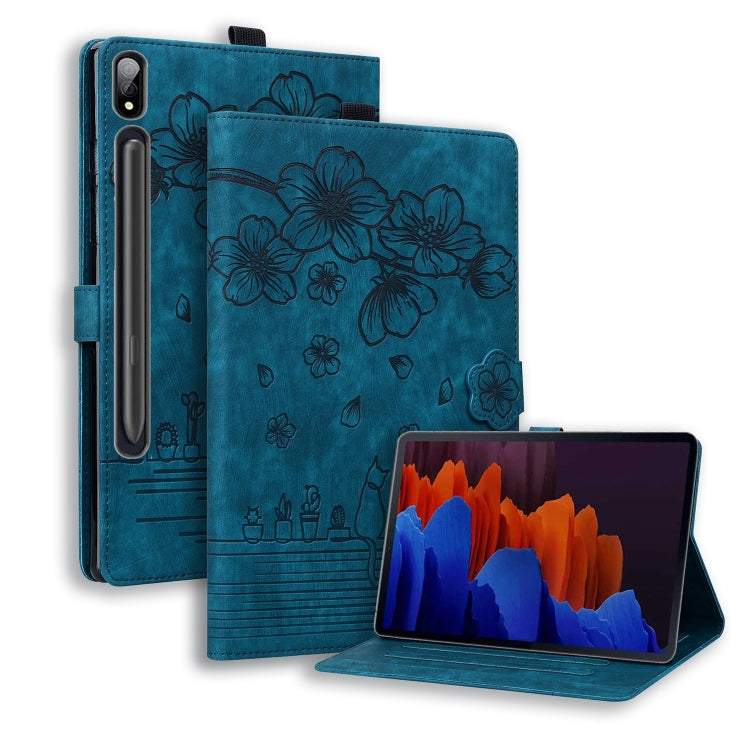 Custodia per tablet in pelle intelligente con gatto Sakura in rilievo, For Samsung Galaxy Tab S11 / S10 / S9, For Samsung Galaxy Tab S10 Lite / S10 FE, For Samsung Galaxy Tab S11, For Samsung Galaxy Tab S9+ /S8+ /S7+