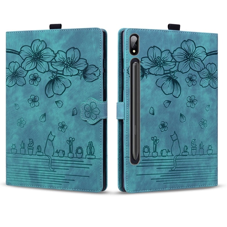 Custodia per tablet in pelle intelligente con gatto Sakura in rilievo, For Samsung Galaxy Tab S11 / S10 / S9, For Samsung Galaxy Tab S10 Lite / S10 FE, For Samsung Galaxy Tab S11, For Samsung Galaxy Tab S9+ /S8+ /S7+