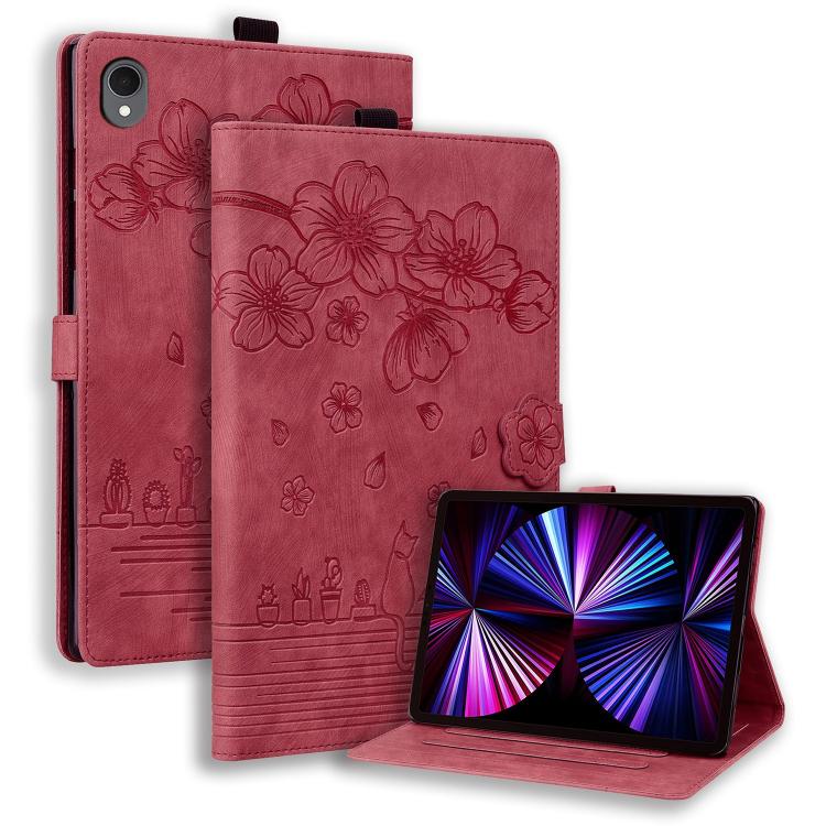 Custodia per tablet in pelle intelligente con gatto Sakura in rilievo, For Samsung Galaxy Tab S11 / S10 / S9, For Samsung Galaxy Tab S10 Lite / S10 FE, For Samsung Galaxy Tab S11, For Samsung Galaxy Tab S9+ /S8+ /S7+