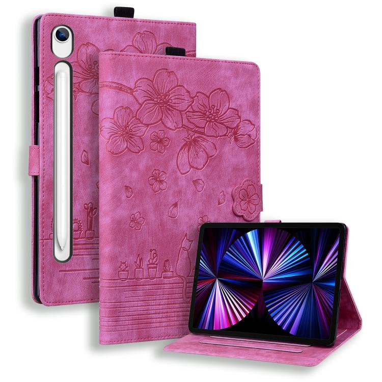 Custodia per tablet in pelle intelligente con gatto Sakura in rilievo, For Samsung Galaxy Tab S11 / S10 / S9, For Samsung Galaxy Tab S10 Lite / S10 FE, For Samsung Galaxy Tab S11, For Samsung Galaxy Tab S9+ /S8+ /S7+