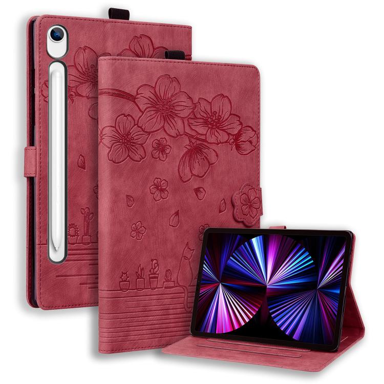 Custodia per tablet in pelle intelligente con gatto Sakura in rilievo, For Samsung Galaxy Tab S11 / S10 / S9, For Samsung Galaxy Tab S10 Lite / S10 FE, For Samsung Galaxy Tab S11, For Samsung Galaxy Tab S9+ /S8+ /S7+