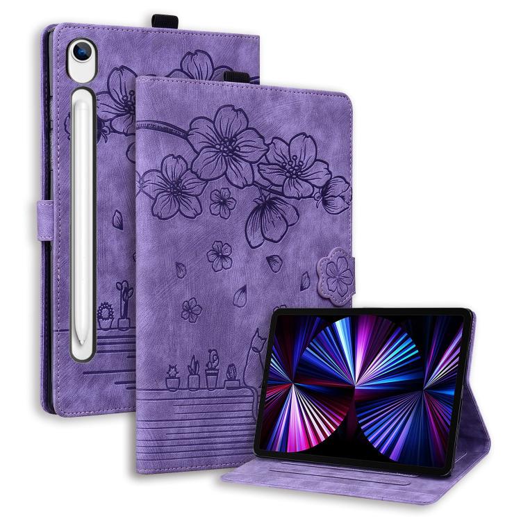 Custodia per tablet in pelle intelligente con gatto Sakura in rilievo, For Samsung Galaxy Tab S11 / S10 / S9, For Samsung Galaxy Tab S10 Lite / S10 FE, For Samsung Galaxy Tab S11, For Samsung Galaxy Tab S9+ /S8+ /S7+