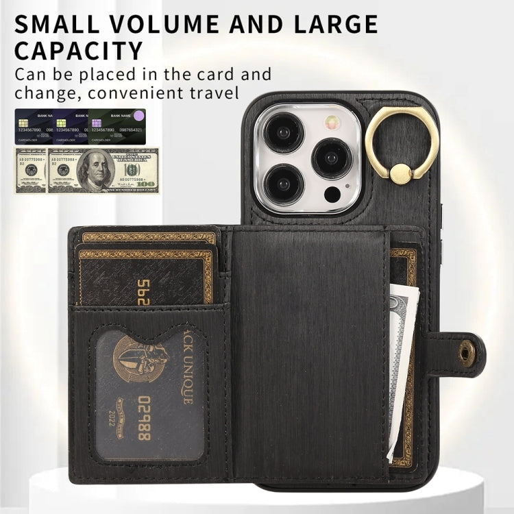 Custodia per telefono con supporto per anello a portafoglio con texture spazzolata, For iPhone 15 Pro Max, For iPhone 15 Pro, For iPhone 15 Plus, For iPhone 15