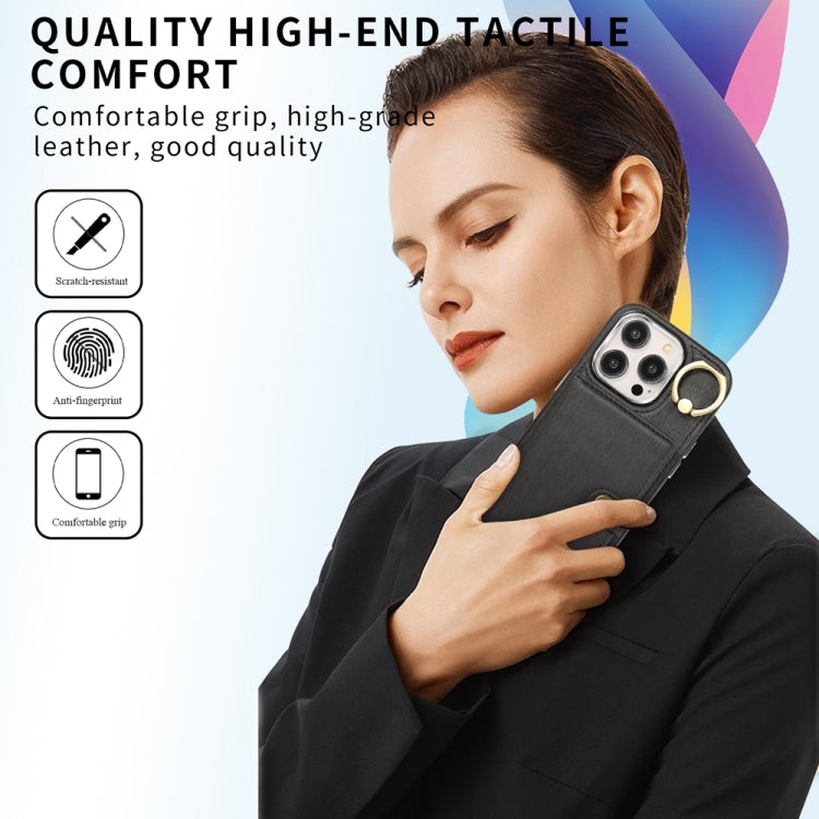 Custodia per telefono con supporto per anello a portafoglio con texture spazzolata, For iPhone 15 Pro Max, For iPhone 15 Pro, For iPhone 15 Plus, For iPhone 15