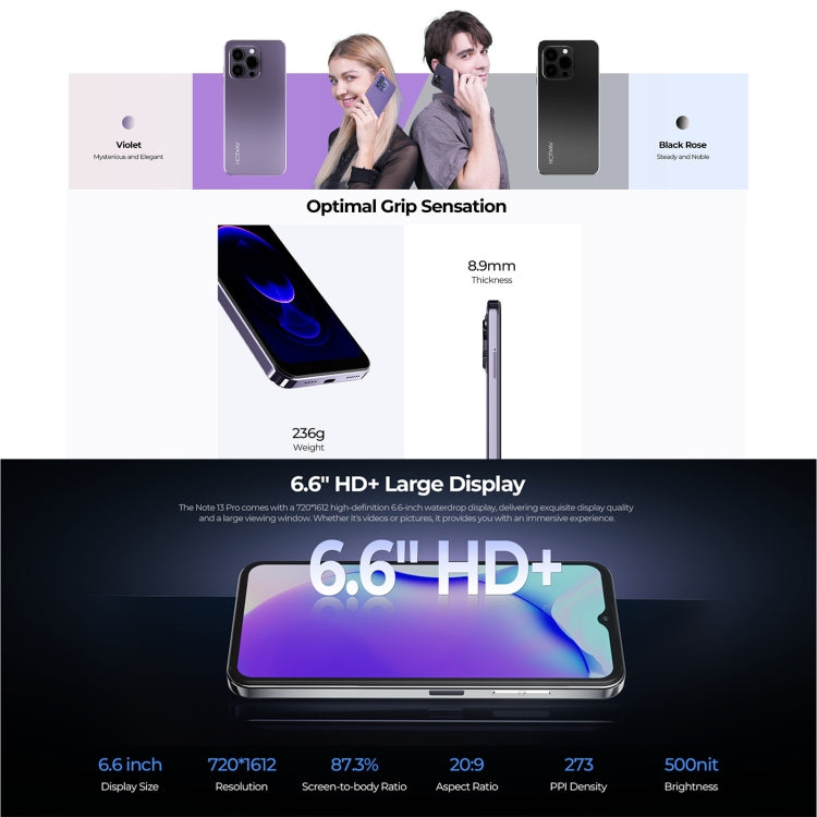 HOTWAV Note 13 Pro, Identificazione delle impronte digitali laterale, 6,6 pollici Android 13 UMS9230 T606 Octa Core fino a 1,6 GHz, Rete: 4G, NFC, OTG, 8GB+256GB