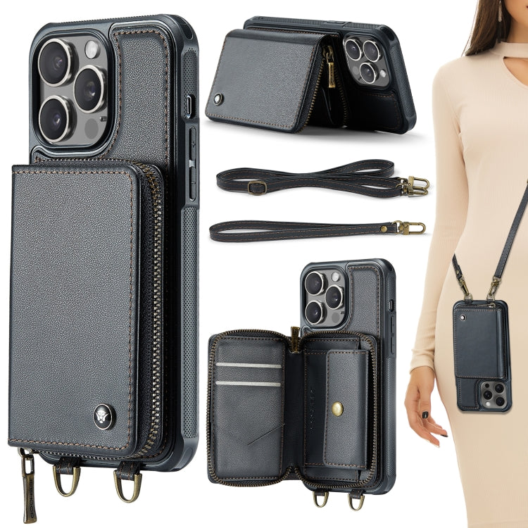 Custodia per telefono in pelle a portafoglio con cerniera serie JEEHOOD C22 con doppio cordino, For iPhone 15 Pro, For iPhone 15 Plus, For iPhone 15