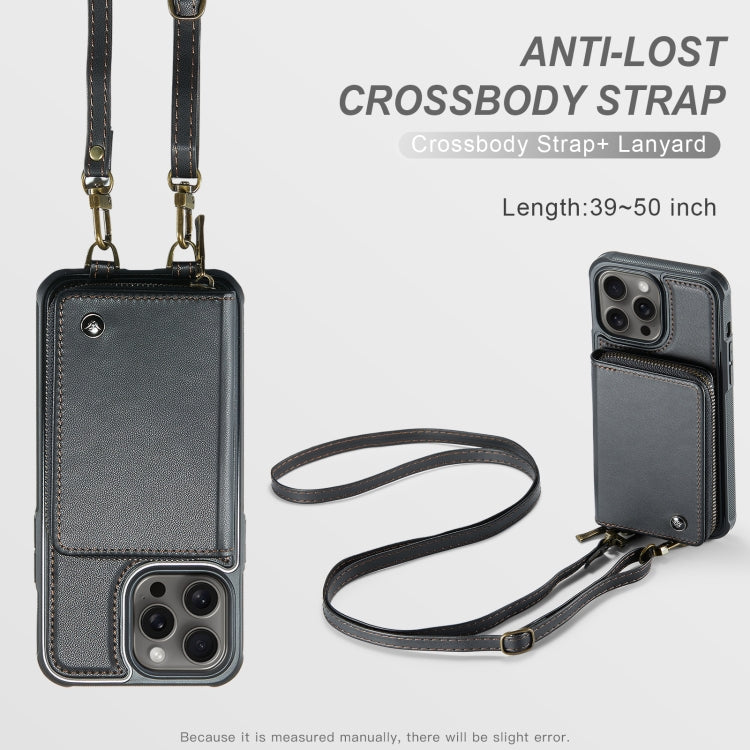 Custodia per telefono in pelle a portafoglio con cerniera serie JEEHOOD C22 con doppio cordino, For iPhone 15 Pro, For iPhone 15 Plus, For iPhone 15