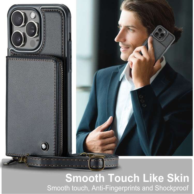 Custodia per telefono in pelle a portafoglio con cerniera serie JEEHOOD C22 con doppio cordino, For iPhone 15 Pro, For iPhone 15 Plus, For iPhone 15