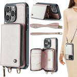 Custodia per telefono in pelle a portafoglio con cerniera serie JEEHOOD C22 con doppio cordino, For iPhone 15 Pro, For iPhone 15 Plus, For iPhone 15