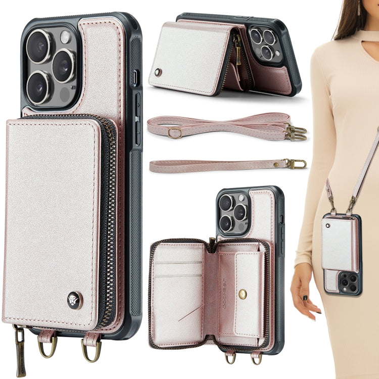 Custodia per telefono in pelle a portafoglio con cerniera serie JEEHOOD C22 con doppio cordino, For iPhone 15 Pro, For iPhone 15 Plus, For iPhone 15
