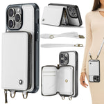 Custodia per telefono in pelle a portafoglio con cerniera serie JEEHOOD C22 con doppio cordino, For iPhone 15 Pro, For iPhone 15 Plus, For iPhone 15