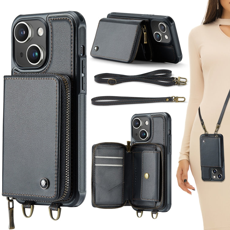 Custodia per telefono in pelle a portafoglio con cerniera serie JEEHOOD C22 con doppio cordino, For iPhone 15 Pro, For iPhone 15 Plus, For iPhone 15