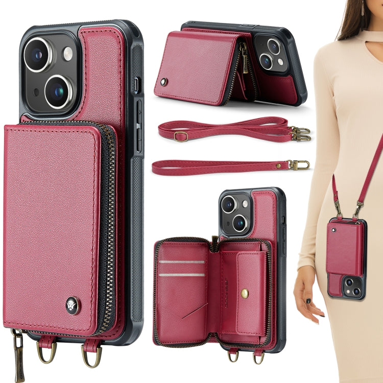 Custodia per telefono in pelle a portafoglio con cerniera serie JEEHOOD C22 con doppio cordino, For iPhone 15 Pro, For iPhone 15 Plus, For iPhone 15