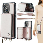 Custodia per telefono in pelle a portafoglio con cerniera serie JEEHOOD C22 con doppio cordino, For iPhone 15 Pro, For iPhone 15 Plus, For iPhone 15
