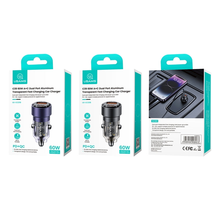USAMS US-CC208 C39 Caricatore per auto trasparente in lega di alluminio a doppia porta USB + Type-C da 60 W, CC208 C39
