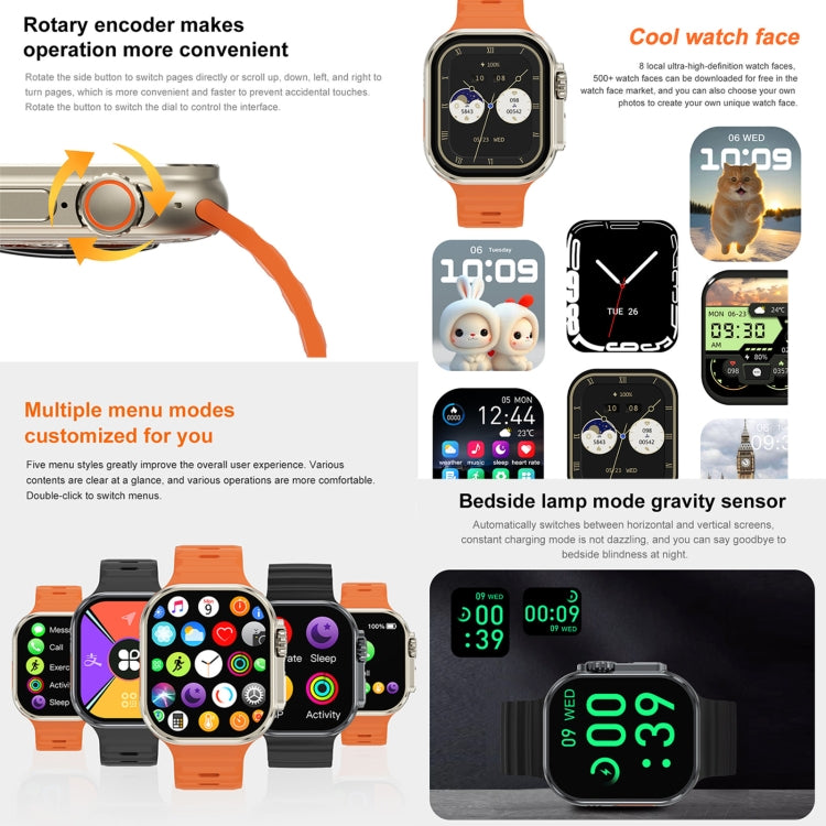 iW9 Ultra Orologio intelligente per chiamate con schermo da 2,04 pollici, Chiamata BT / Frequenza cardiaca / Pressione sanguigna / Ossigeno nel sangue