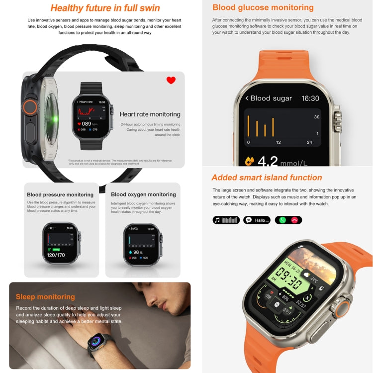 iW9 Ultra Orologio intelligente per chiamate con schermo da 2,04 pollici, Chiamata BT / Frequenza cardiaca / Pressione sanguigna / Ossigeno nel sangue