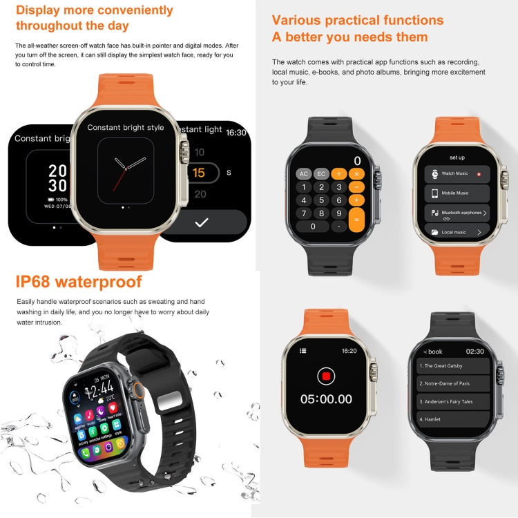 iW9 Ultra Orologio intelligente per chiamate con schermo da 2,04 pollici, Chiamata BT / Frequenza cardiaca / Pressione sanguigna / Ossigeno nel sangue