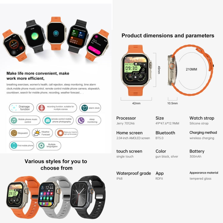 iW9 Ultra Orologio intelligente per chiamate con schermo da 2,04 pollici, Chiamata BT / Frequenza cardiaca / Pressione sanguigna / Ossigeno nel sangue