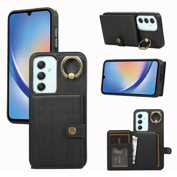 Custodia per telefono con supporto per anello a portafoglio con texture spazzolata, For Samsung Galaxy A24 4G / A25 5G, Samsung Galaxy A14 4G / 5G, For Samsung Galaxy A34 5G, For Samsung Galaxy A54 5G