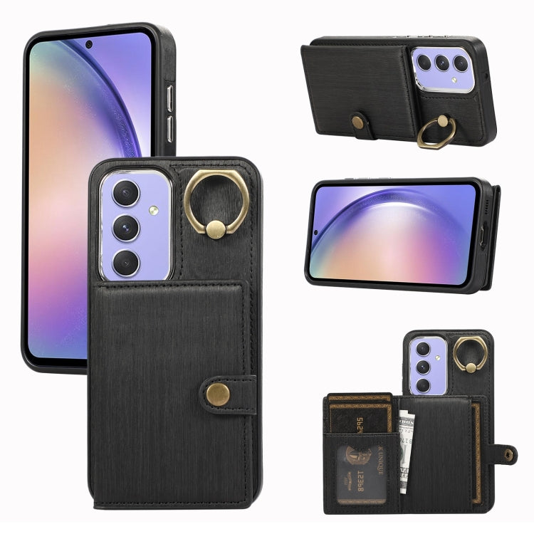 Custodia per telefono con supporto per anello a portafoglio con texture spazzolata, For Samsung Galaxy A24 4G / A25 5G, Samsung Galaxy A14 4G / 5G, For Samsung Galaxy A34 5G, For Samsung Galaxy A54 5G