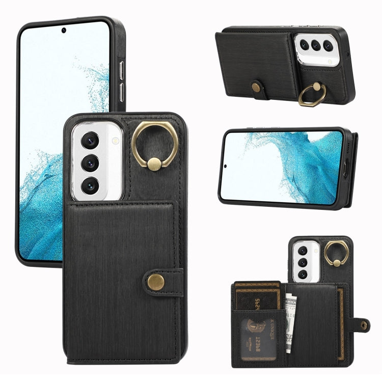 Custodia per telefono con supporto per anello a portafoglio con texture spazzolata, For Samsung Galaxy Galaxy S22 Ultra 5G, For Samsung Galaxy Galaxy S22+ 5G, For Samsung Galaxy Galaxy S22 5G
