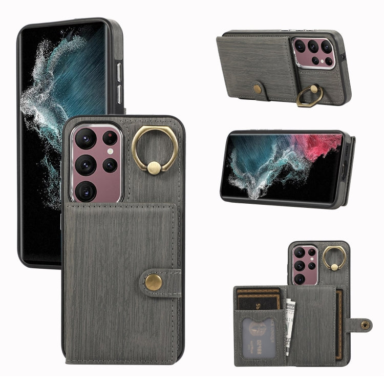 Custodia per telefono con supporto per anello a portafoglio con texture spazzolata, For Samsung Galaxy Galaxy S22 Ultra 5G, For Samsung Galaxy Galaxy S22+ 5G, For Samsung Galaxy Galaxy S22 5G